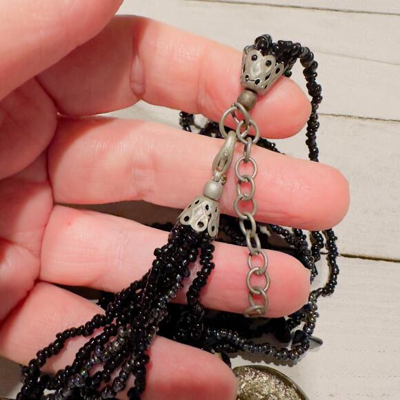 Vintage Black Multi-Strand Seed Bead Necklace with Crackle Glass Disc Pendant - Picture 5 of 6